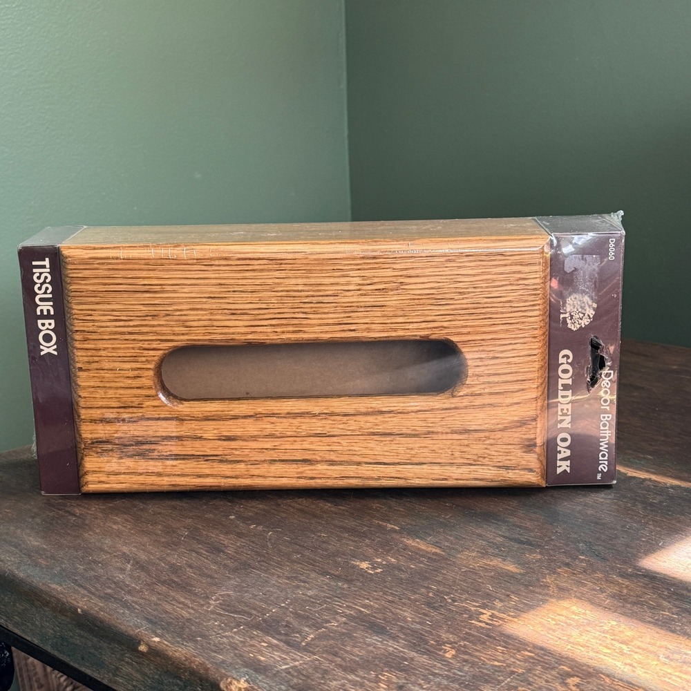 NOS Vintage Decor Bathware Golden Oak Wood Tissue Box Cover